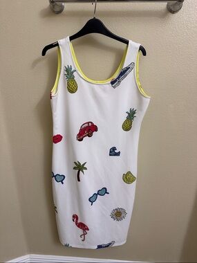 Nicole Miller White  Dress with Multicolor Tropical Below Knee 10